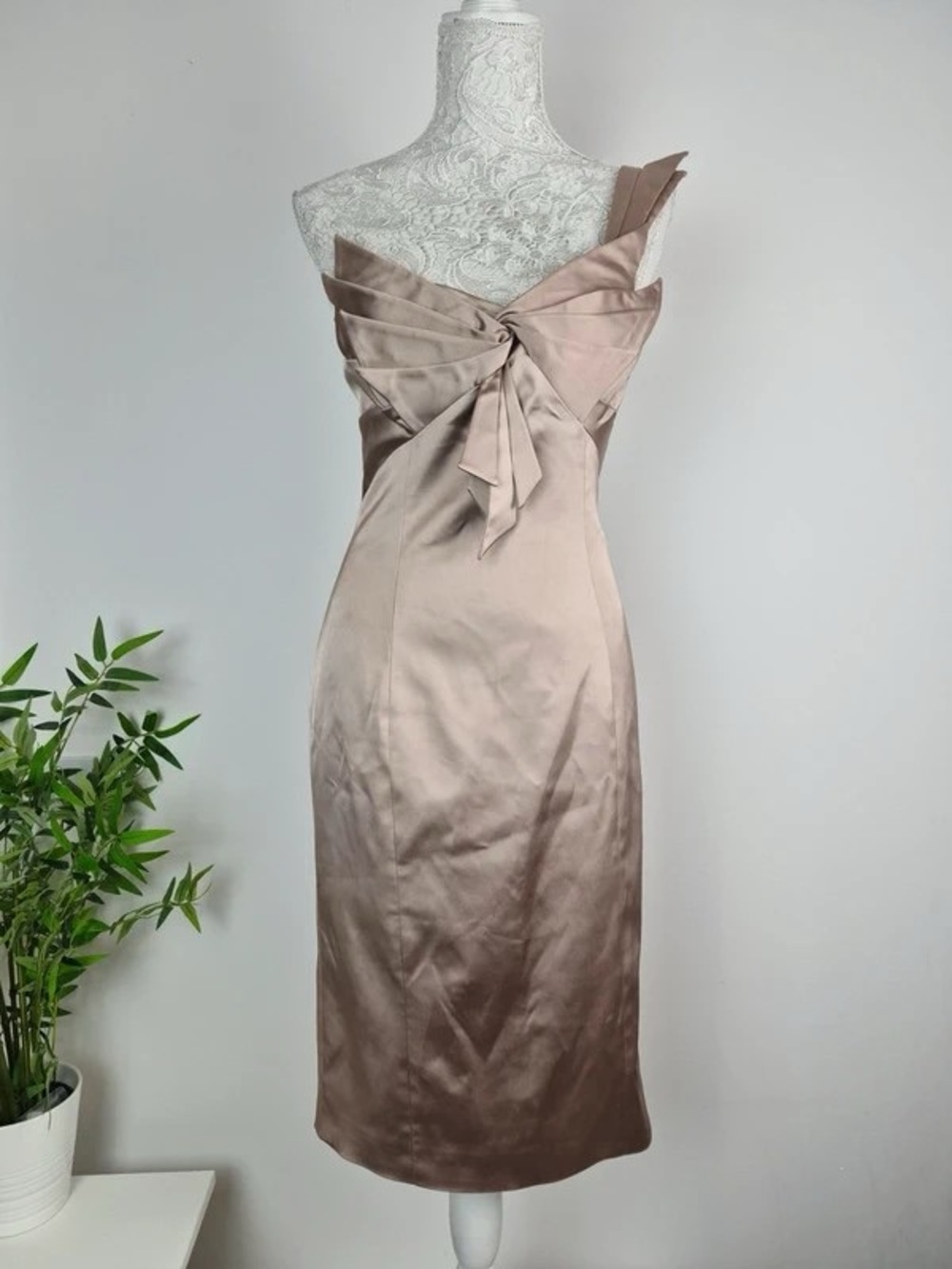 One-Shoulder Taupe Satin Knot Midi Dress